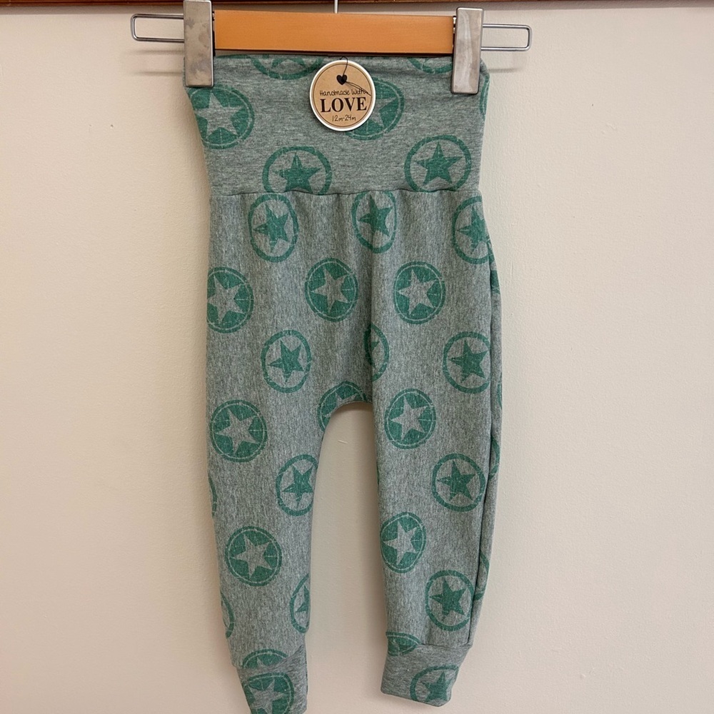 NEW handmade small shop green star print grow with me pants